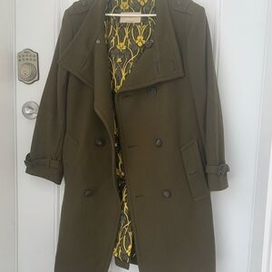 Burberry London Dark Olive Green wool Trench Coat with Wide Lapels US 8